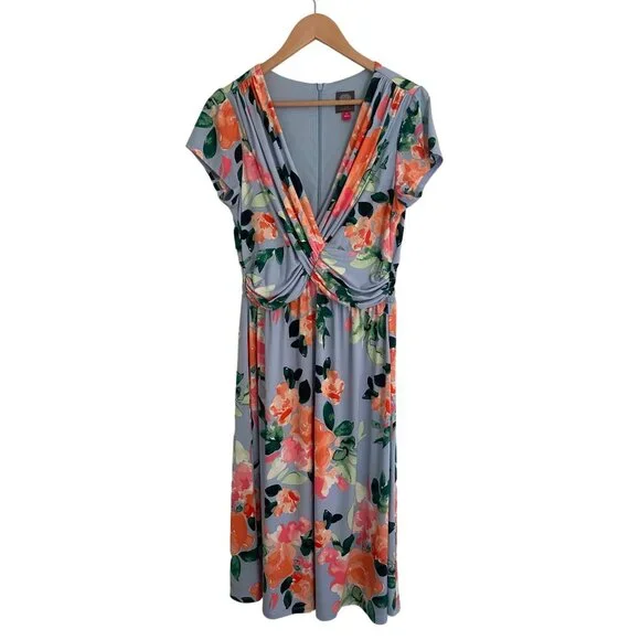Size 12 VINCE CAMUTO BLUE FLORAL PRINT MIDI DRESS Summer‎ Wedding Party Church - Picture 5 of 7